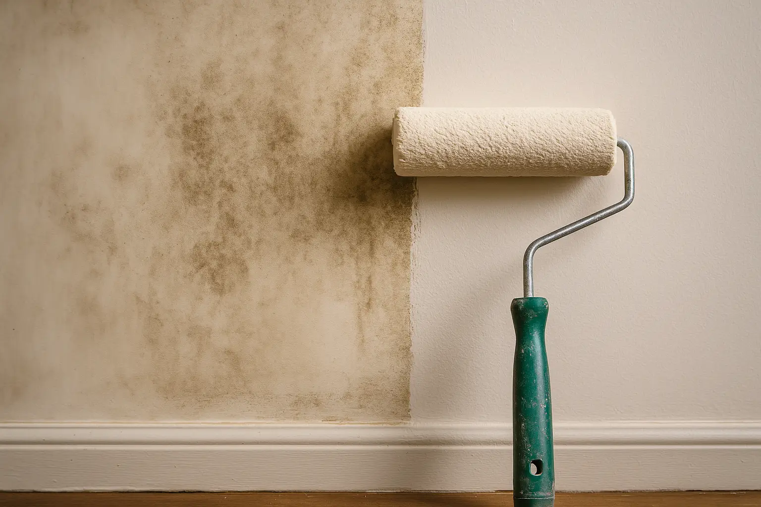 Paint roller covering smoke-stained wall with clean white paint.