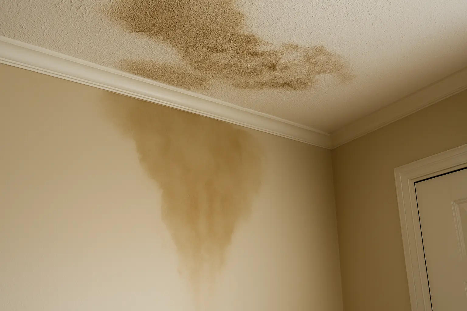 Ceiling and wall with dark brown water stains showing signs of water damage