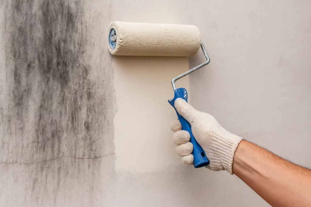 Gloved hand painting over dark smoke stains on interior wall