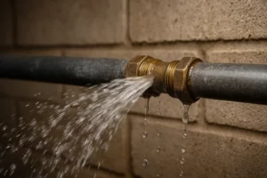Water sprays forcefully from a metal pipe joint where two threaded pipes connect, highlighting a common household leak.
