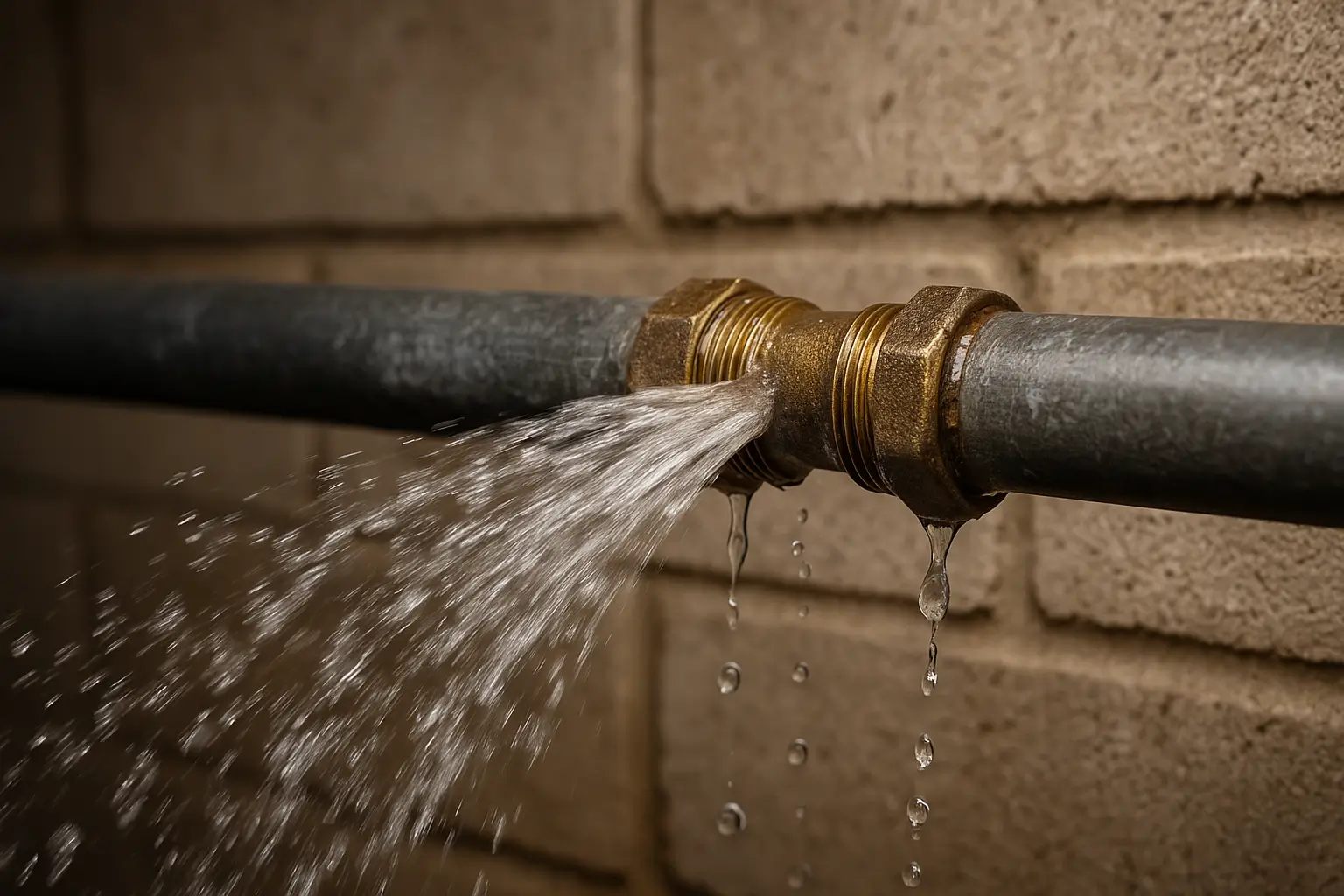 Water sprays forcefully from a metal pipe joint where two threaded pipes connect, highlighting a common household leak.