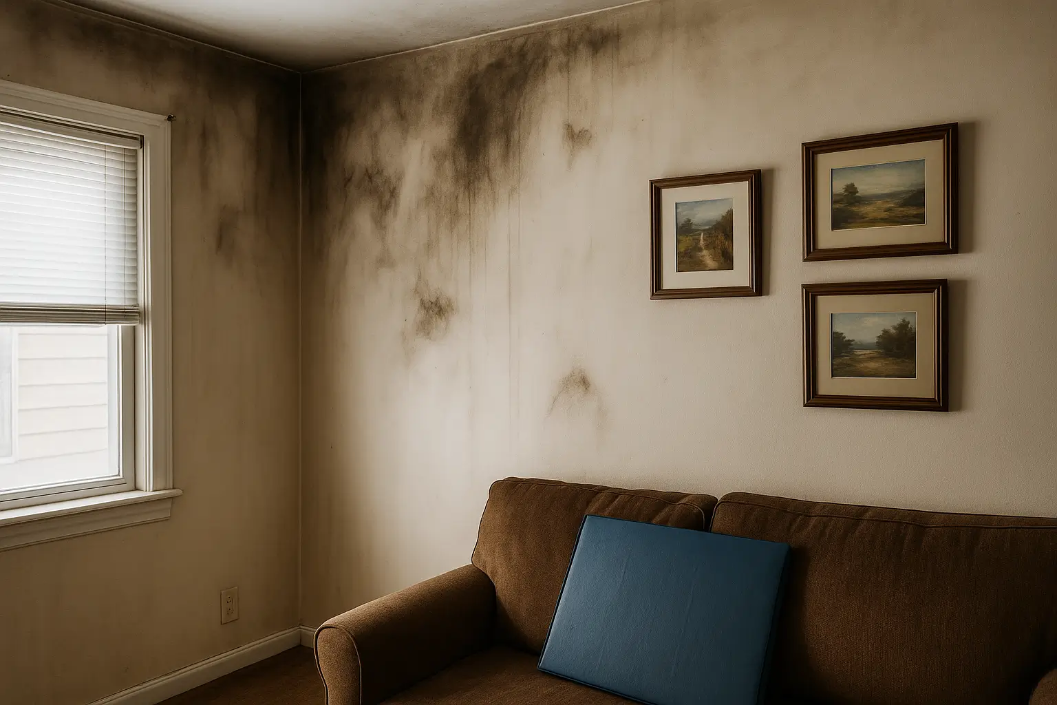 Smoke-damaged living room with dark soot stains on walls