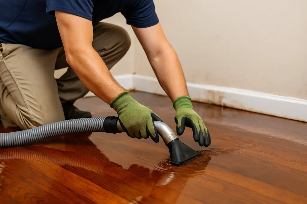 A restoration worker wearing green gloves uses a vacuum extractor to remove standing water from a hardwood floor.