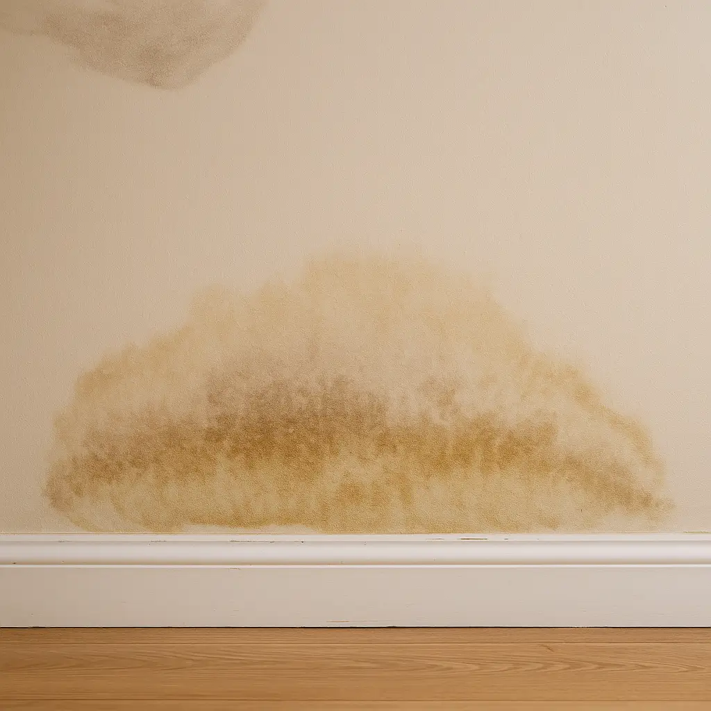 Water damage stains spreading across a beige wall above a white baseboard.