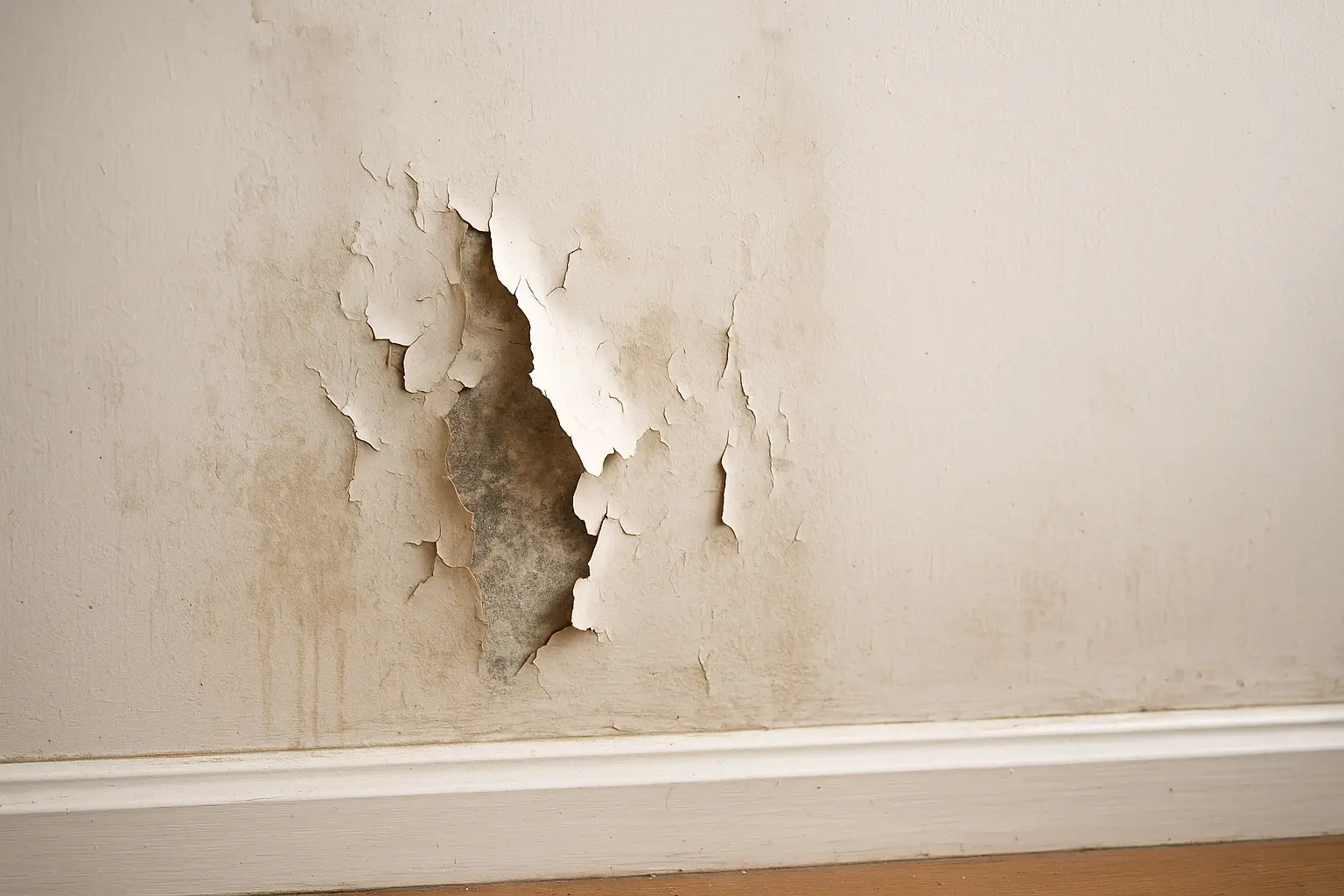Peeling paint and water stains on an interior wall, showing damage from hidden moisture.