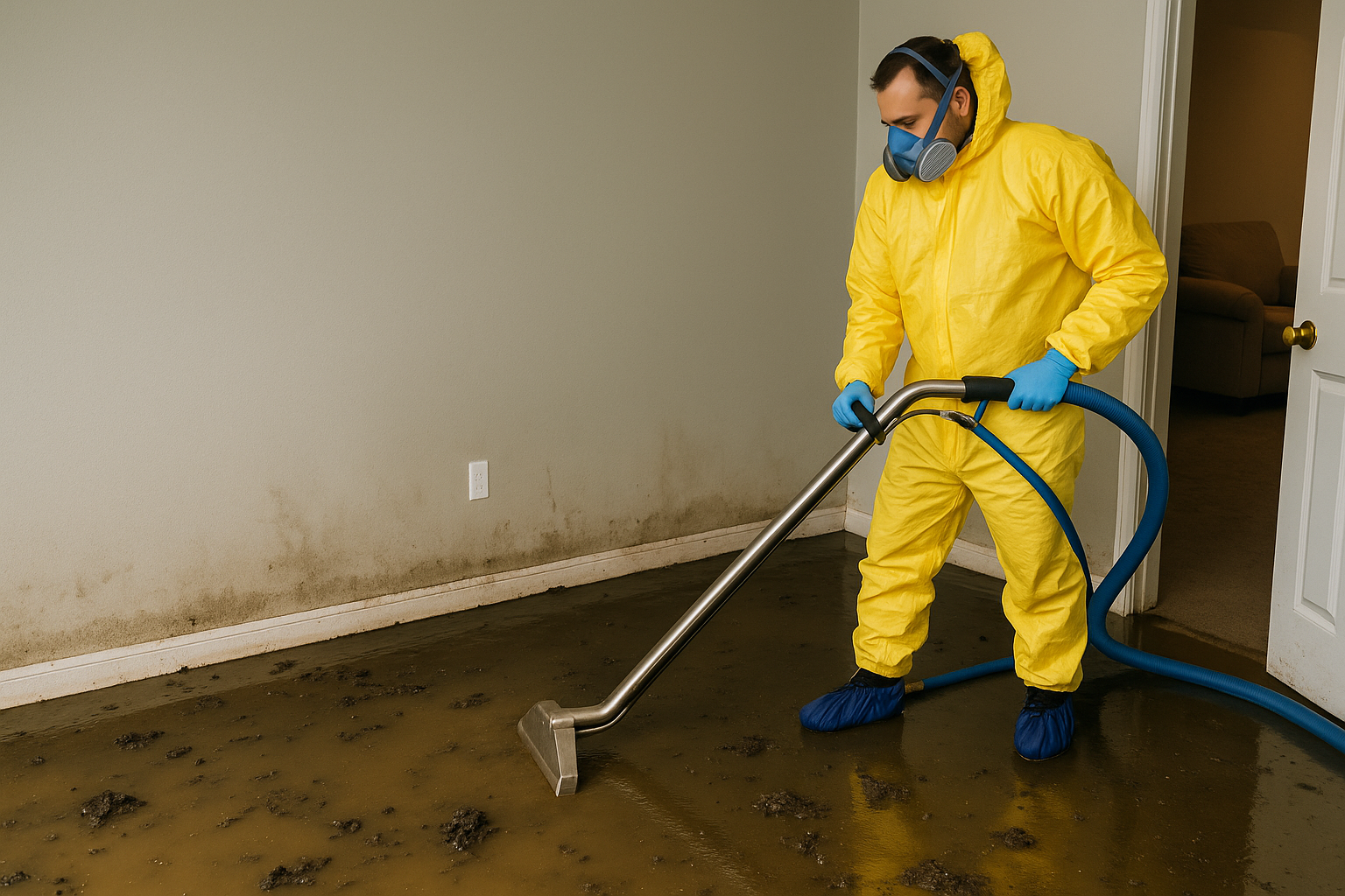 A technician in protective gear performs professional sewage cleanup services in San Diego