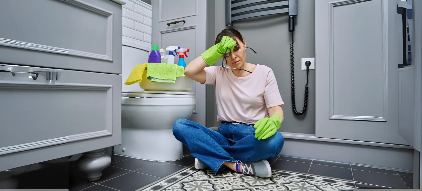 woman sewage cleaning bathroom in San Deigo, bathroom smell like sewage